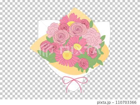 ラッピングされたピンクのバラとガーベラとカーネーションのの花束の