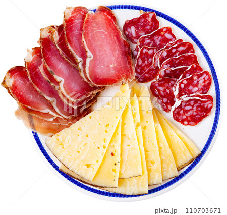 Served sliced sausage, cheese and ham Served sliced sausage, cheese and ham 110703671
