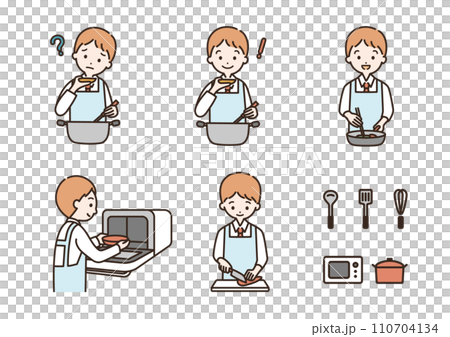 料理をする男子学生のイラストセット 料理をする男子学生のイラストセット 110704134