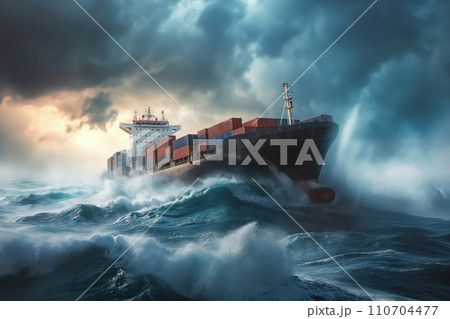 AI-generated content. Container ship floats with ocean waves during strong wind large waves storm AI Generation 110704477