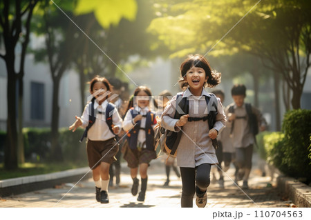 Back to school concept. Asian primary school children with backpack run to school with fun. Generative AI. 110704563