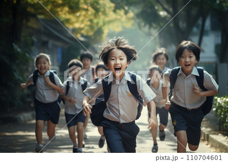 Back to school concept. Asian primary school children with backpack run to school with fun. Generative AI. 110704601
