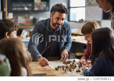 Teacher teaching and helping schoolchildren in classroom for knowledge at school. Group of pupils learning and doing a creativity project with their teacher. Back to school concept. Generative AI. 110704611