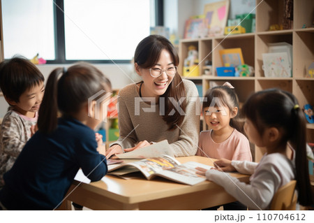 Teacher teaching and helping schoolchildren in classroom for knowledge at school. Group of pupils learning and doing a creativity project with their teacher. Back to school concept. Generative AI. 110704612