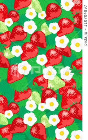 いちごやイチゴの花や苺の葉が描かれたかわいい柄のベクター背景素材 110704897