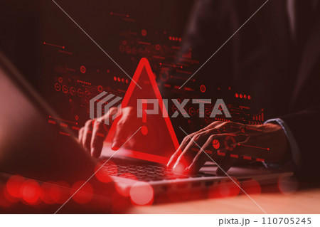 System hacked warning alert on notebook (Laptop). Cyber attack on computer network, Virus, Spyware, Malware or Malicious software. Cyber security and cybercrime. Compromised information interne System hacked warning alert on notebook (Laptop). Cyber attack on computer network, Virus, Spyware, Malware or Malicious software. Cyber security and cybercrime. Compromised information interne 110705245