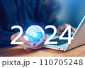 2024 concept. Business growing in 2024. Businessman hand hold virtue global with laptop. New business startup and goal target. Plans and vision for 2024 year. Data, Opportunity. 110705248