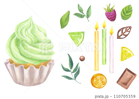 Muffin with green sweet whipped cream. Citrus fruits, lime, lemon, kumquat, chocolate, leaf. Collection rainbow cupcakes. Hand drawn watercolor illustration isolated background. Food clipart 110705359