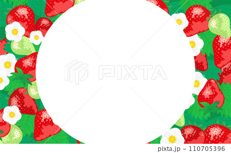 いちご(苺)やイチゴの花が描かれたコピースペースのある背景フレームの春素材_白背景 110705396