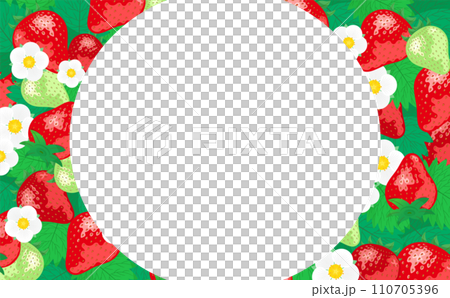 いちご(苺)やイチゴの花が描かれたコピースペースのある背景フレームの春素材_白背景 110705396