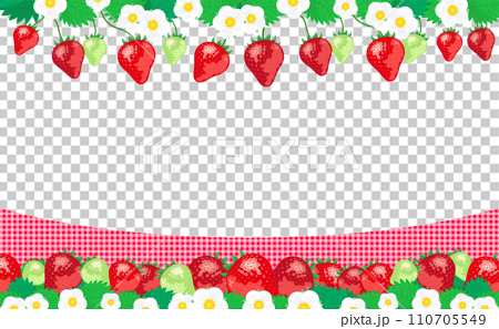 いちご狩りに最適ないちごやイチゴの花や苺の葉が描かれたコピースペースのある背景フレームの春素材_白 110705549