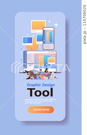 graphic design artists working on laptop man woman designers creating logo digital art creation students application concept vertical 110706026