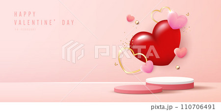 Happy valentines day and stage podium decorated with heart shape. pedestal scene with for product, cosmetic, advertising, show, award ceremony, on pink background and light. vector design. 110706491
