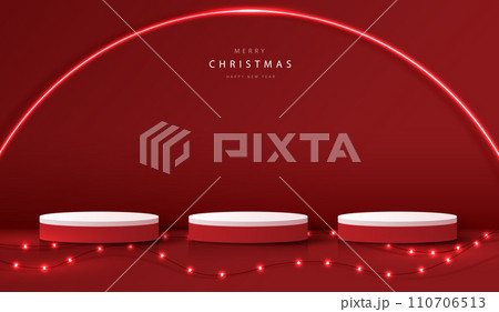 Podium shape for show cosmetic product display for christmas day or new years. Stand product showcase on red background with lighting christmas. vector design. Podium shape for show cosmetic product display for christmas day or new years. Stand product showcase on red background with lighting christmas. vector design. 110706513