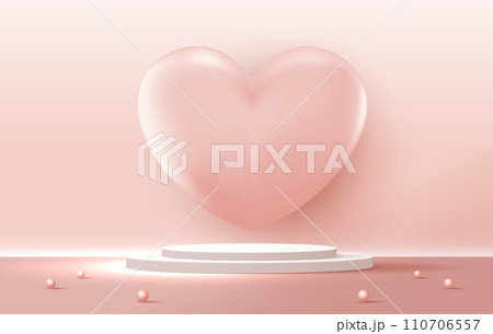 Happy valentines day and stage podium decorated with heart shape. pedestal scene with for product, cosmetic, advertising, show, award ceremony, on pink background and light. vector design. Happy valentines day and stage podium decorated with heart shape. pedestal scene with for product, cosmetic, advertising, show, award ceremony, on pink background and light. vector design. 110706557