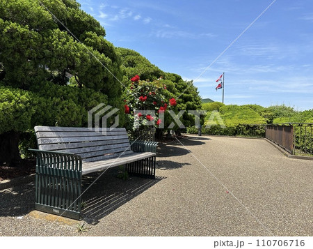 港の見える丘公園のベンチと国際信号旗 港の見える丘公園のベンチと国際信号旗 110706716