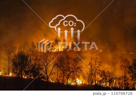 Climate change, wildfires release carbon dioxide (CO2) emissions and other greenhouse gases (GHG) that contribute to climate change. Climate change, wildfires release carbon dioxide (CO2) emissions and other greenhouse gases (GHG) that contribute to climate change. 110706726