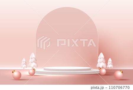 Podium shape for show cosmetic product display for Christmas day or New Years. Stand product showcase on red background with tree christmas. vector design. 110706770