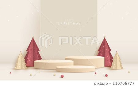 Podium shape for show cosmetic product display for christmas day or new years. Stand product showcase minimal on cream background with tree christmas. vector design. Podium shape for show cosmetic product display for christmas day or new years. Stand product showcase minimal on cream background with tree christmas. vector design. 110706777
