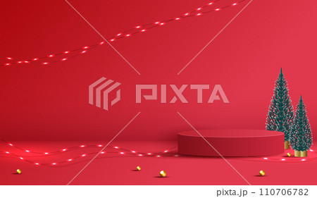Podium shape for show cosmetic product display for christmas day or new years. stand product showcase on red background with tree christmas, golden ball and light. vector design. 110706782