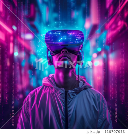 Man Experiencing Virtual Reality in Neon Lights 110707058