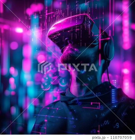 Man Experiencing Virtual Reality in Neon Lights 110707059