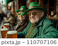 Joyful Elderly Celebrating St. Patrick's Day in Vibrant Green, Urban Outdoor Bar Scene 110707106