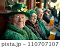 Joyful Elderly Celebrating St. Patrick's Day in Vibrant Green, Urban Outdoor Bar Scene 110707107