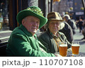 Joyful Elderly Celebrating St. Patrick's Day in Vibrant Green, Urban Outdoor Bar Scene 110707108