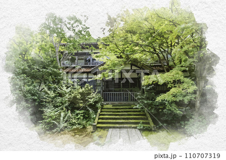 水彩画風　山代温泉　薬王院温泉寺　庫裏　石川県加賀市 110707319