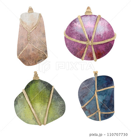 a set of stones for pendants, pendants, wrapped in rope. Red, green, brown, blue, mother-of-pearl, stone. Hand drawn in watercolors, cut out on white background 110707730