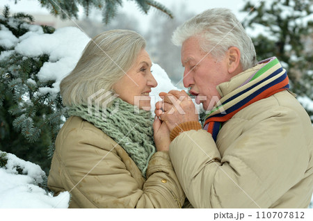 Happy senior couple walking in winter outdoors 110707812