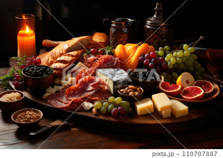 Various meat cuts, charcuterie, fruits and cheeses on a wooden board on the table Various meat cuts, charcuterie, fruits and cheeses on a wooden board on the table 110707887