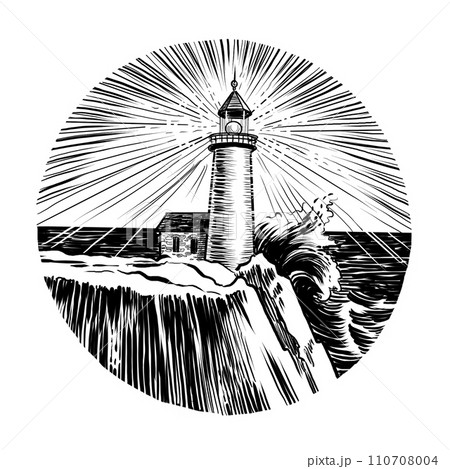 Lighthouse at the seaside. Retro styled hand-drawn black and white illustration Lighthouse at the seaside. Retro styled hand-drawn black and white illustration 110708004