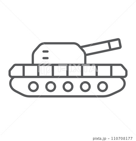 Army tank thin line icon, army and force, armature sign, vector graphics, a linear pattern on a white background. Army tank thin line icon, army and force, armature sign, vector graphics, a linear pattern on a white background. 110708177