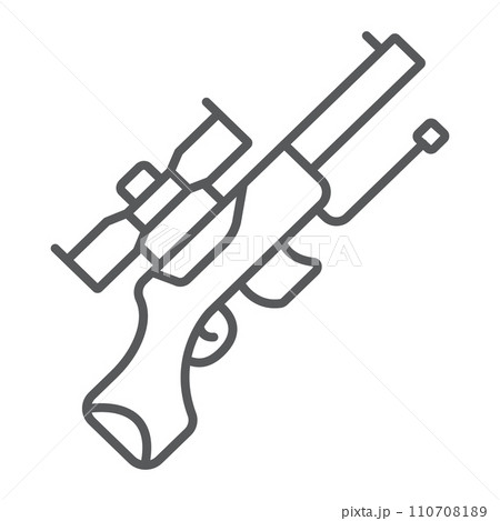 Sniper gun thin line icon, weapon and military, automatic machine sign, vector graphics, a linear pattern on a white background. Sniper gun thin line icon, weapon and military, automatic machine sign, vector graphics, a linear pattern on a white background. 110708189