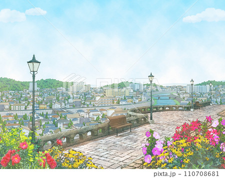 家 住宅 街 水彩画風 手描き 花 イラスト 背景 BG 家 住宅 街 水彩画風 手描き 花 イラスト 背景 BG 110708681