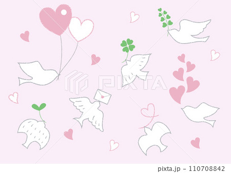 手描き風かわいい鳥とハートのクレヨンタッチイラスト素材セット（クレヨンタッチ） 110708842