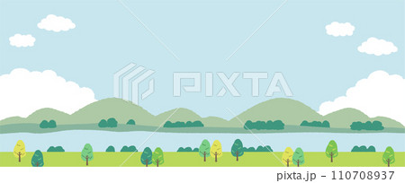 青空と山と川の草原の風景のイラスト 110708937