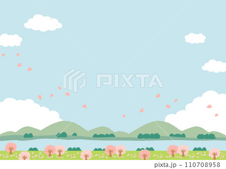 青空と山と川と桜の風景のイラスト 110708958