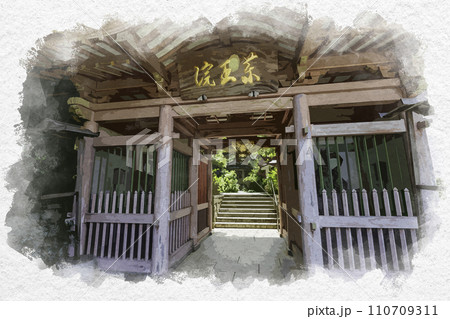 水彩画風　山代温泉　薬王院温泉寺　仁王門　石川県加賀市 110709311