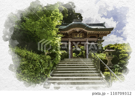 水彩画風　山代温泉　薬王院温泉寺　仁王門　石川県加賀市 110709312