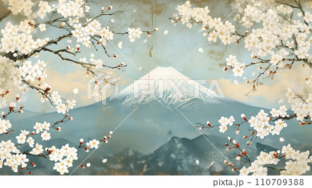 桜と富士山の浮世絵風イラスト（AI生成画像）のイラスト素材