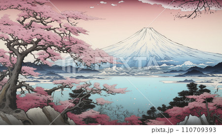 桜と富士山の浮世絵風イラスト（AI生成画像） 110709393