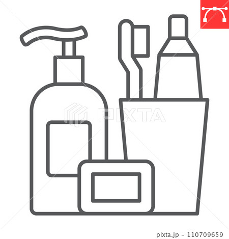 Toiletries line icon, grocery store and hygiene kit , toothbrush with toothpaste and bottle of soap vector icon, vector graphics, editable stroke outline sign, eps 10. 110709659