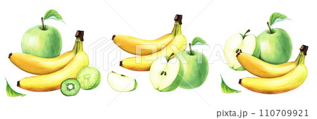 A set of compositions with green apple, lime, kiwi and banana. Hand drawn botanical watercolor illustration isolated on white background. For clip art cards menu label 110709921