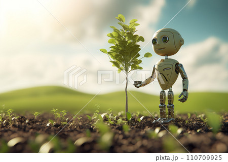 AI-generated content. Humanoid eco robot grows little green tree outside, illustration with copy space AI-generated content. Humanoid eco robot grows little green tree outside, illustration with copy space 110709925