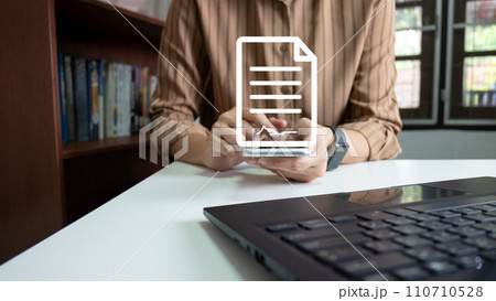 Businesswoman sign electronic documents via the Internet, Work from home concept, remote work, new normal office, access to document with secret code or encode, identity verification 110710528