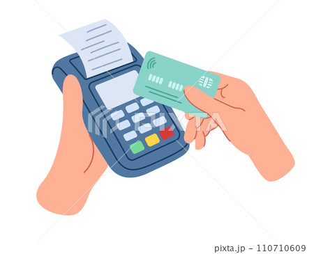 Person pays with a credit or debit card at the terminal. Payment for purchases. Receive a receipt for your purchase. Money transfer concept. Illustration isolated on white background. Person pays with a credit or debit card at the terminal. Payment for purchases. Receive a receipt for your purchase. Money transfer concept. Illustration isolated on white background. 110710609