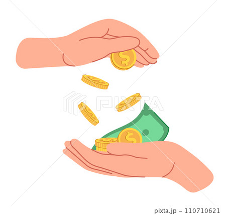 Putting money from hand to hand. Donate, lend, borrow money. Concept of financial literacy. Illustration isolated on white background. 110710621